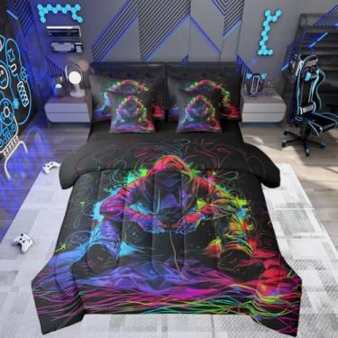 Imagem de Castle Fairy Jogo de cama casal, 7 peças, moderno e legal, para crianças, meninas, listras geométricas neon, cama macia neon em uma bolsa com edredom, lençóis, fronhas, decoração de quarto