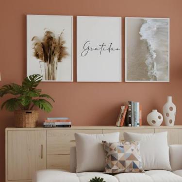 Imagem de Kit 3 Quadros Boho Bege Mar Gratidão Moldura - Zarco Interiores
