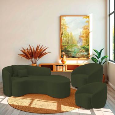 Imagem de Kit Recamier Curvo Sala De Estar Inglaterra 180cm Lado Direito E 2 Poltronas Orgânica Luxo Amore Linho Verde
