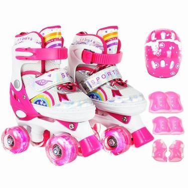 Imagem de Patins Infantil 4 Rodas Ajustável Rodinha Led Arco Iris Kit Proteção C