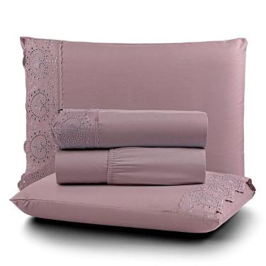 Imagem de Jogo De Lençol Nobre Casal 4 Peças Micropercal 200 Fios Bordado Inglês Fino - Frape Uva - 100% Poliéster