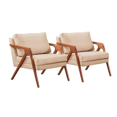Imagem de Conjunto 2 Poltronas Mona Luxo Madeira Maciça Linho Bege Claro Espuma Soft Castellar Móbile
