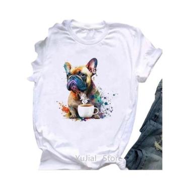 Imagem de Camiseta Feminina Branca Com Estampa De Cachorrinho De Buldogue Francê