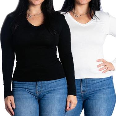 Imagem de Kit 2 blusas feminina manga comprida segunda pele inverno gola v - Mar