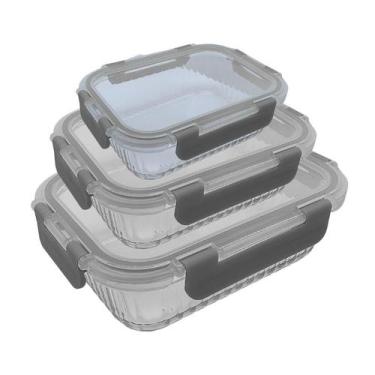 Imagem de Kit 3 Potes De Vidro Retangular Tampa Hermética Marmita Listrado Cinza