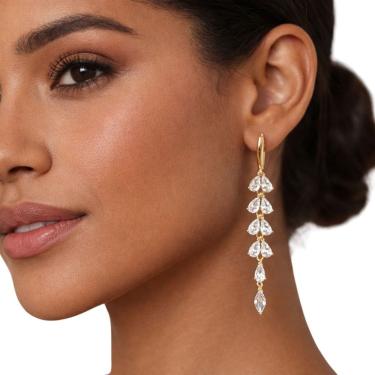 Imagem de Brinco Feminino Dourado Gota Cristal Longo Elegante Luxo