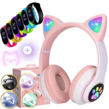Imagem de Headset Fone De Ouvido Bluetooth Led Orelha Gato e Pulseira Led Digita