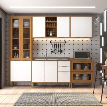 Imagem de Cozinha Compacta Domus 10 Portas 5 Gavetas com Vidro Nogal/Branco - Hecol Móveis