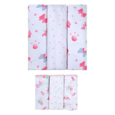 Imagem de Kit 6 Peças 3 Cueiros Bebê Estampado 50Cm X 80Cm e 3 Pano Boca 100% Al