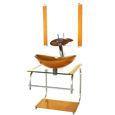 Imagem de GABINETE DE VIDRO CUBA OVAL 40CM INOX DOURADO REAL COM TORNEIRA CASCATA