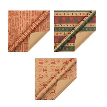 Imagem de Papel de embrulho Folhas de papel de embrulho para Natal de Natal 70 x 50 cm Papel kraft para presente Papel de presente para árvore de Natal Papel de embalagem Feliz Natal, 3 peças