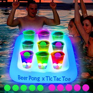Imagem de Rack de festa para piscina de 58 x 58 cm brilhante Tic Toe Tac Toe Rack flutuante para bebidas pong, suporte para jogos de piscina pong e bebidas, inclui 1 raafts 9 copos e 10 bolas pong, cor piscante