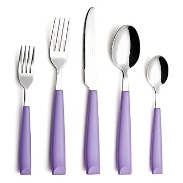 Imagem de ANNOVA Conjunto de talheres de aço inoxidável com 20 peças com alças coloridas confortáveis de segurar - 4 x garfos de jantar, 4 x garfos de salada, 4 x facas de mesa, 4 x colheres de sopa, 4 x colheres de chá - Serviço para 4 (roxo)