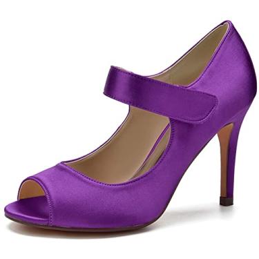 Imagem de Sapatos de noiva de cetim feminino, sapatos peep toe de salto agulha alto marfim 35-43,Dark purple,2 UK/35 EU