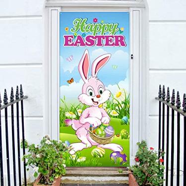 Imagem de Kalolary Capa de porta de coelho Happy Easter com grande acessório de festa, decoração de porta, placa de pendurar para festa de Páscoa, feriado, casamento, festa de jardim, decoração externa (198 x 89 cm)