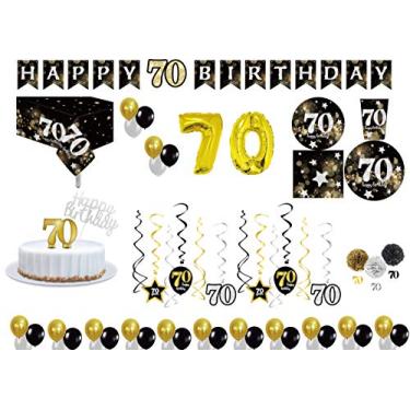 Imagem de Serve 30 unidades | Ultimate 70th Party Pack | Happy 70th Birthday | Pratos de papel de jantar de 23 cm | Pratos de papel de sobremesa de 18 cm com 355 ml e guardanapos de 3 camadas.