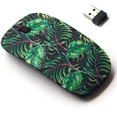 Imagem de Mouse sem fio 2.4G com design de padrão bonito para todos os laptops e desktops com nano receptor - folhas de palmeira tropical, planta da selva