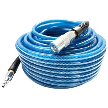 Imagem de SANFU Mangueira de ar reforçada com poliuretano (PU) 1/4" ID (6,3 x 9,8 mm) x 30,5 m, anti-baixa temperatura 300 PSI com acoplador rápido de latão sólido giratório de 1/4", azul marinho (300 m)