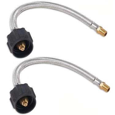 Imagem de Bbqzone Mangueira de propano para campista de conexão rápida, conector de mangueira trança de propano RV trançado de aço inoxidável de 30,48 cm, conexão de tanque tipo 1, Acme x 1/4 macho NPT, pacote com 2