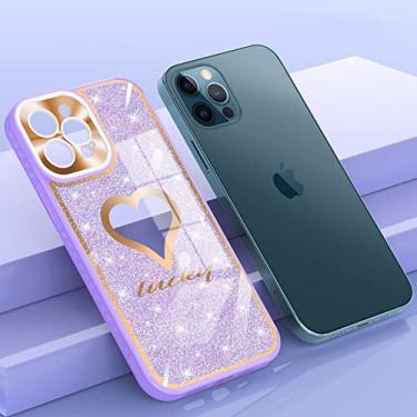 Imagem de Capa de telefone com glitter de luxo para iPhone 13 Pro Max 12 12Pro 11 ProMax Amor Coração CD Padrão Proteção de Câmera Capa Acrílica TPU, Roxa, para iPhone 11 ProMax