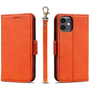 Imagem de KAPPDE Capa de telefone flip com fivela magnética Stent, carteira de couro para Apple iPhone 12 (2020) 6,1 polegadas [suporte para cartão] [capa interna de TPU], com pulseira (cor: laranja)