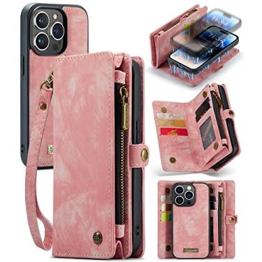 Imagem de ZORSOME Capa carteira para iPhone 14 Pro, 2 em 1 destacável couro premium PU com 8 compartimentos para cartões, bolsa magnética com zíper, alça de pulso para mulheres, homens, meninas, rosa