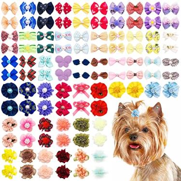 Imagem de JpGdn 100 peças Laços de cabelo para cães com faixas de borracha laços de cabelo em cores mistas para cachorrinho gato pequeno e médio acessórios de cuidados flor