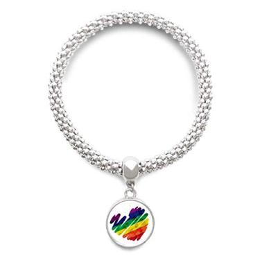 Imagem de DIYthinker Bracelete de prata arco-íris LGBT com pingente de coração de pintura e corrente ajustável
