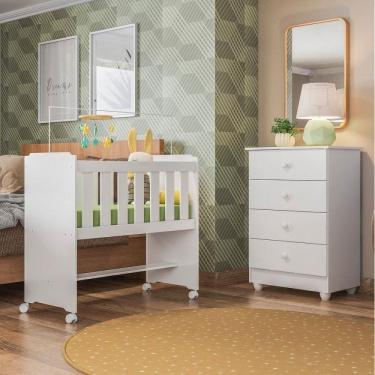 Imagem de Conjunto Quarto de Bebê com Mini Berço e Cômoda 4 Gavetas Tigus Baby Branco