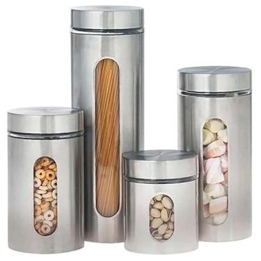 Imagem de Mimo Style, Jogo de 4 Potes com Visor Inox e Vidro Vítreo Versáteis e Resistentes