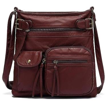 Imagem de Bolsa transversal Scarleton com vários bolsos para mulheres, bolsa de ombro de couro vegano ultramacia lavada, H1833, Burgundy M, Medium