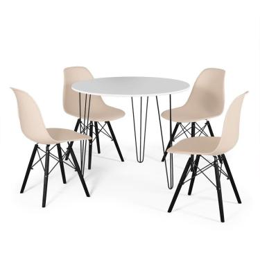 Imagem de Conjunto Mesa de Jantar Redonda Hairpin 90cm Branca com 3 Pés + 4 Cadeiras Eames Eiffel Base Preta - Nude
