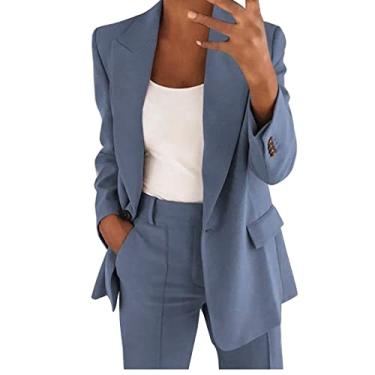 Imagem de Conjunto de blazer feminino casual de negócios para o trabalho com frente aberta e calça de negócios casual, Azul, XXG