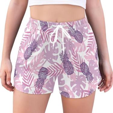 Imagem de GuoChe Shorts atléticos de cintura alta roxo fundo tropical shorts com forro feminino casual shorts de basquete feminino para, Fundo tropical roxo, G