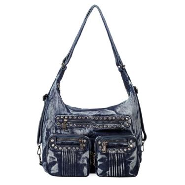 Imagem de YeFine Denim Handbags for Women Jean Purse with Multipurpose Design Y2K Trendy Fashion Hobo Tote Bag Crossbody Backpack (Rhinestone Backpack)