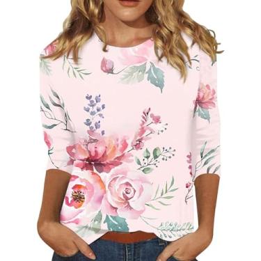 Imagem de Camiseta feminina de manga 3/4 com estampa floral para sair 2024 moderna verão casual macia blusa básica leve, Amarelo, P
