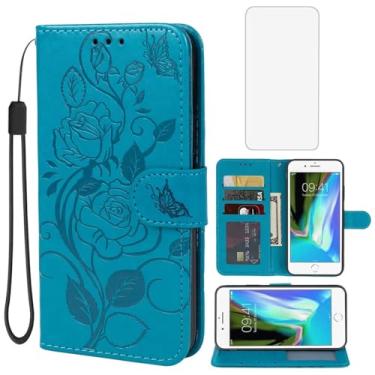 Imagem de Vavies Capa para iPhone 7 Plus, capa carteira para iPhone 8 Plus com protetor de tela de vidro temperado, capa de couro floral com suporte para cartão de crédito para iPhone 7 Plus/8 Plus, azul