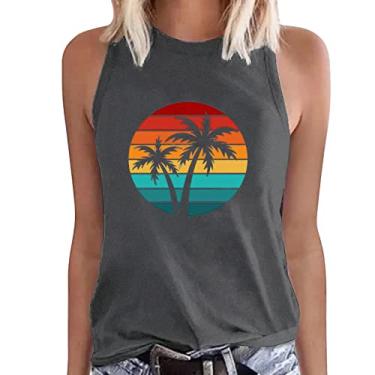 Imagem de PKDong Camisetas femininas sem mangas, pôr do sol, árvore do mar, sem mangas, gola redonda, blusa solta, regata de verão, Cinza escuro, G