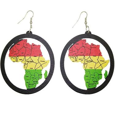 Imagem de Brincos de mapa africano de madeira natural boho para mulheres negras meninas boêmios feitos à mão exagerados multicoloridos círculo redondo geométrico madeira leve África pendurado brincos pendentes