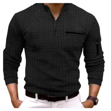 Imagem de Camisa polo masculina estampa xadrez cor sólida pulôver zíper bolso gola alta camisa clássica, Preto, XXG