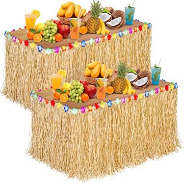 Imagem de Aodaer Pacote com 2 saias de mesa de grama luau de papel com flores de hibisco 2,8 m x 76 cm, estilo ráfia, havaiana, retangular, decoração de festa de luau tropical para festa de verão na praia, palha
