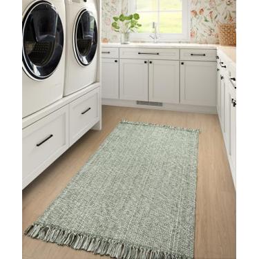 Imagem de Collive Tapete de corredor corredor, tapete de entrada lavável reversível tecido à mão, verde oliva/creme, algodão moderno, lavável, tapete longo para lavatório de lavatório de casa de banho, quarto