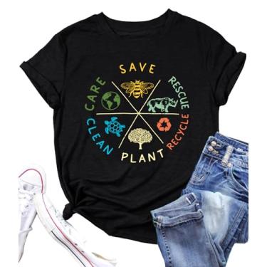 Imagem de PECHAR Camisetas femininas do Dia da Terra: Proteja o meio ambiente Camisetas de manga curta com estampa de abelhas, Preto, G