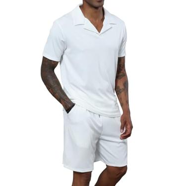 Imagem de Uni Clau Conjunto de 2 peças de shorts masculinos, camisa polo de manga curta, moda de verão, casual, conjunto de shorts branco 2GG, Branco-1, 3G