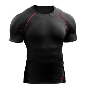 Imagem de T-shirt de compressão masculina Sportswear, t-shirt Running, elástico, secagem rápida, tops desportivos, ginásio atlético, camisas de treino (BR, Alfa, G, Regular, Black line red)