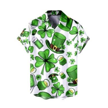 Imagem de Camiseta masculina divertida do Dia de São Patrício Green Clover Saint Pattys Day Ahola camisas havaianas de manga curta com botões, 036 - Branco, GG