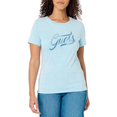 Imagem de GUESS Camiseta feminina de manga curta e gola redonda com pedras e embro, Ácido, azul caprichoso, GG