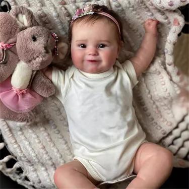 Imagem de QIYANER 50cm bonecas bebê reborn,bebê reborn menina com cabelo,Roupas Brancas Olhos Abertos E Sorriso Lavável bebê rebom silicone sólido Com Roupas Garrafa De Leite Teat Acessórios,Olhos azuis