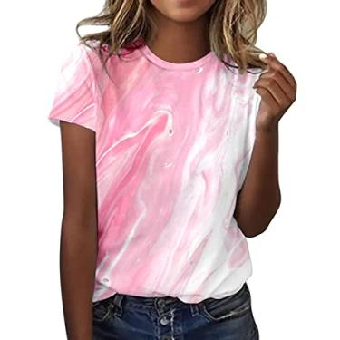 Imagem de Camisetas femininas de manga curta com estampa tie dye casual solta gola redonda túnica básica elegante blusas modernas, rosa, G