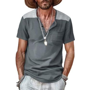 Imagem de Camiseta masculina clássica patchwork gola Henley manga curta botão solto pulôver verão casual camisas, Cinza 05, G